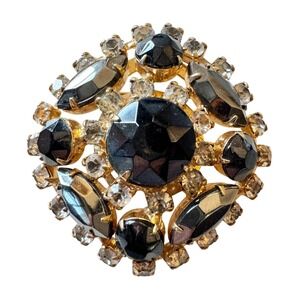 Vintage Hematite and Diamante Rhinestone Brooch Gold Tone Retro Sparkly Princess